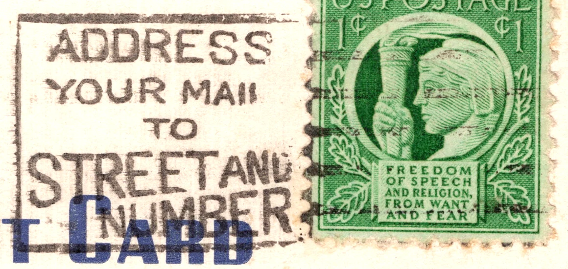 A machine slogan cancel reading Address Your Mail to Street and Number, postmarked July 1945, from the Postcard Origins collection