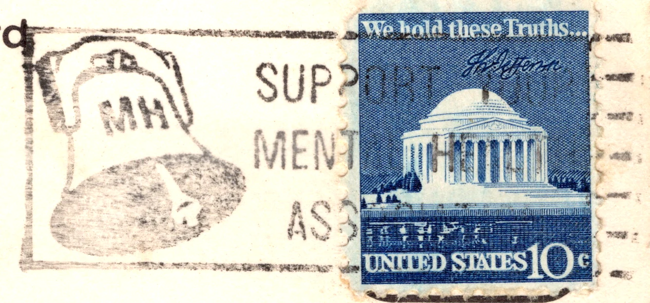 A machine slogan cancel reading Support Your Mental Health Association, postmarked July 1978, from the Postcard Origins collection