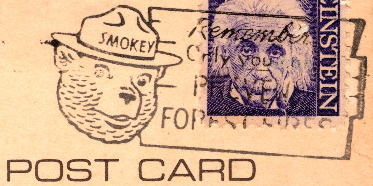 A machine slogan cancel reading Remember Only You Can Prevent Forest Fires with Smokey Bear, postmarked August 1971, from the Postcard Origins collection