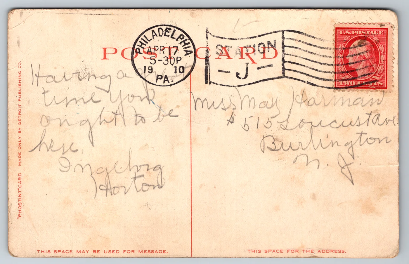 The divided back of a Detroit Publishing postcard from the Postcard Origins collection, split into a left half for the message and a right half for the address