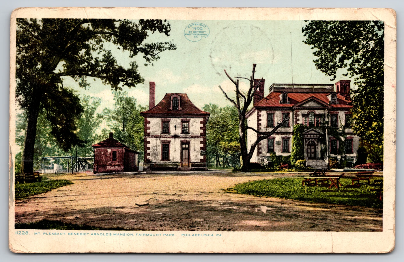 The front of a Detroit Publishing Phostint postcard from the Postcard Origins collection: Mount Pleasant, Benedict Arnold's mansion, Fairmount Park, Philadelphia