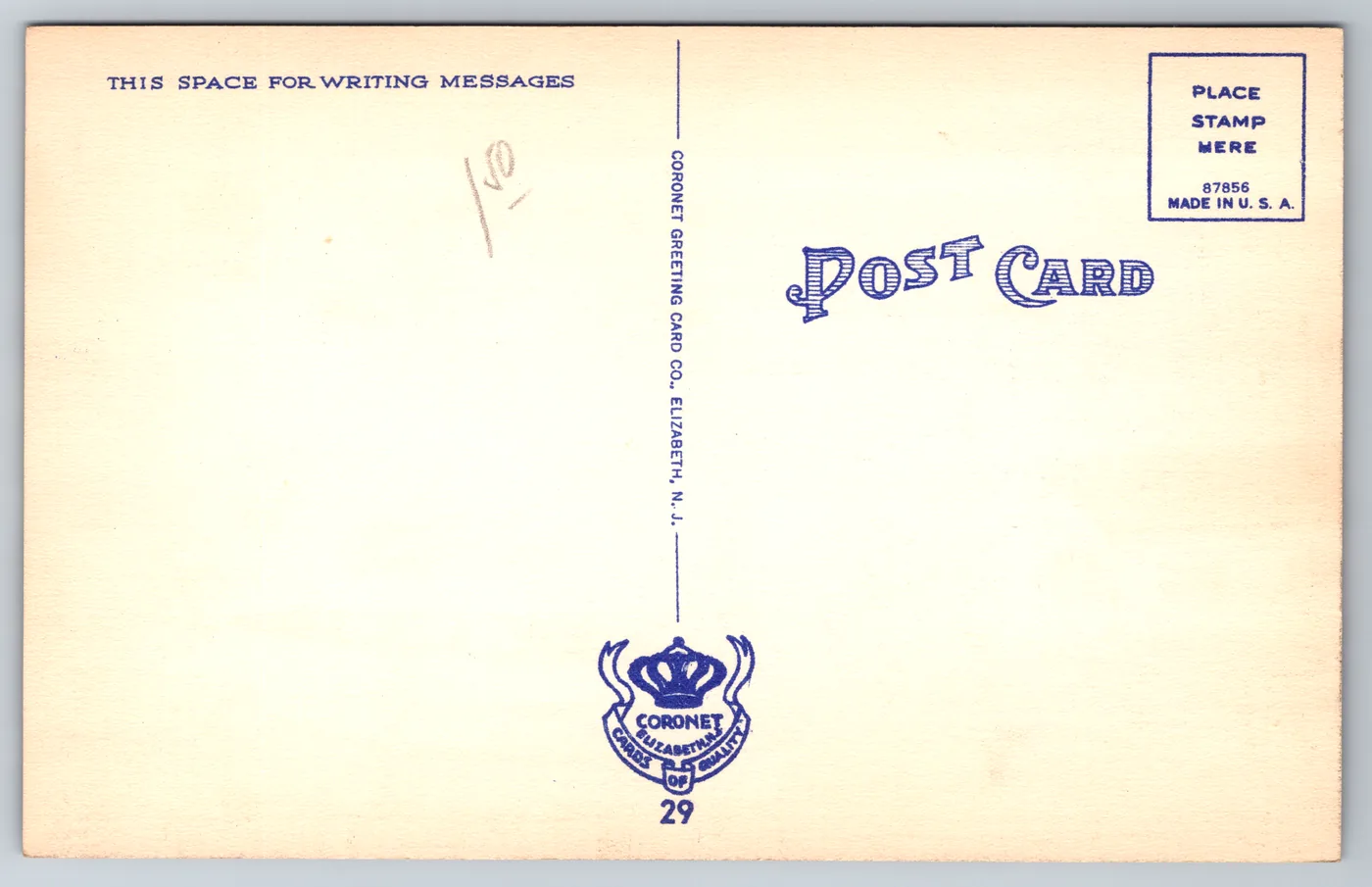 The back of the same linen postcard, imprinted Coronet Greeting Card Co., Elizabeth, N. J.