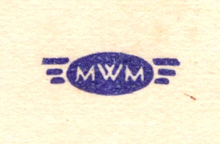 The MWM house logo printed on a postcard back, from the Postcard Origins collection