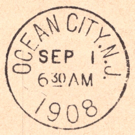 A clear circular postmark reading Ocean City, N. J., Sep 1, 1908, 6:30 AM, from the Postcard Origins collection