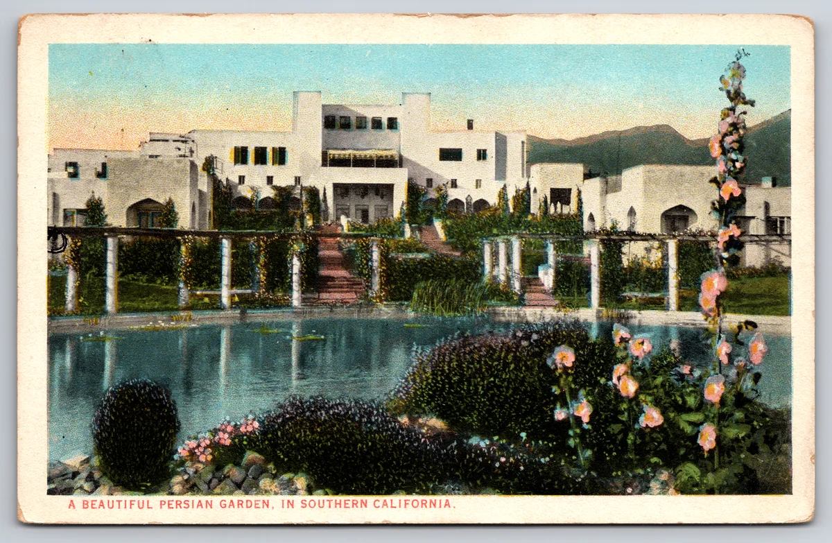 The front of a white-border postcard of the Samarkand Persian Garden, Santa Barbara, from the Postcard Origins collection, with a plain white frame around the image