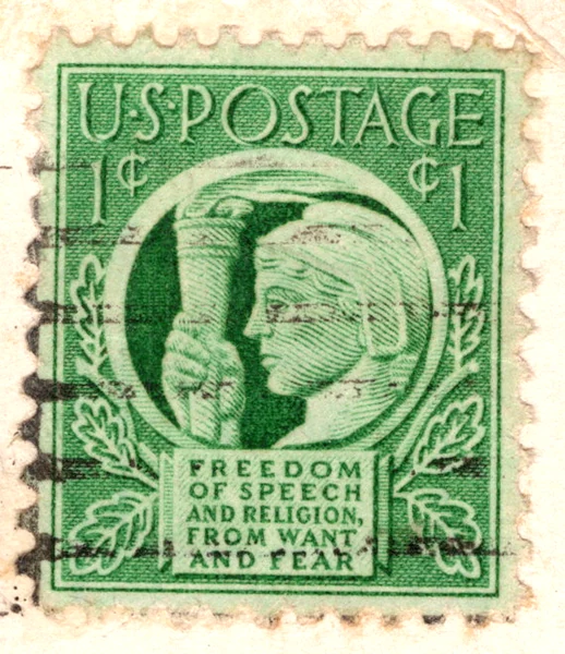 A 1-cent green Four Freedoms stamp on a postcard, from the Postcard Origins collection