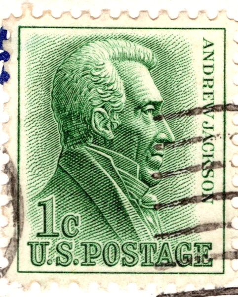 A 1-cent green Andrew Jackson stamp on a postcard, from the Postcard Origins collection