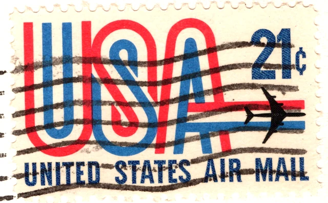 A 21-cent USA and Jet international airmail stamp on a postcard, from the Postcard Origins collection