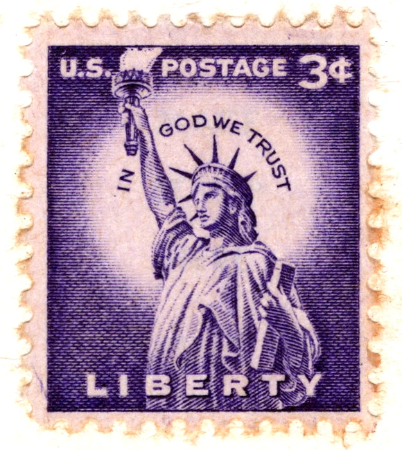 A 3-cent deep violet Statue of Liberty stamp of the Liberty series on a postcard, from the Postcard Origins collection