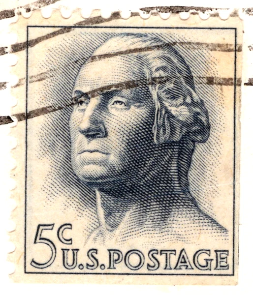 A 5-cent blue George Washington definitive stamp on a postcard, postmarked 1970, from the Postcard Origins collection