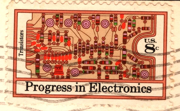 An 8-cent Progress in Electronics commemorative stamp, transistor and printed circuit design, on a postcard, from the Postcard Origins collection